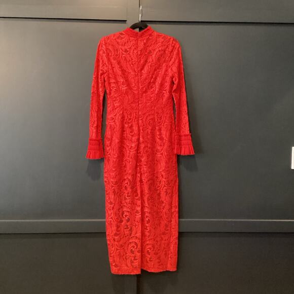 Alexis Red Fala Lace Sheath long sleeve cocktail formal Midi dress L - Picture 2 of 11